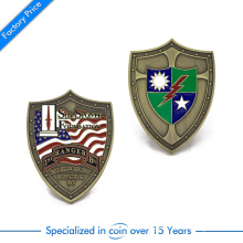 Custom Flag Logo Folk Style Arts and Metal Enamel Antique Brass Shield Shape Coin for Souvenir